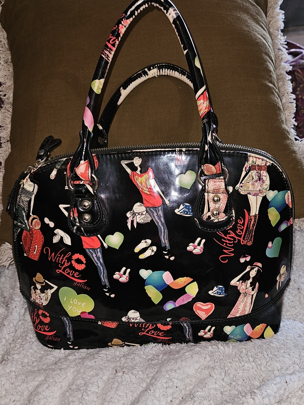 Black Patterned Dome Satchel with Colorful Heart and Fashion Prints